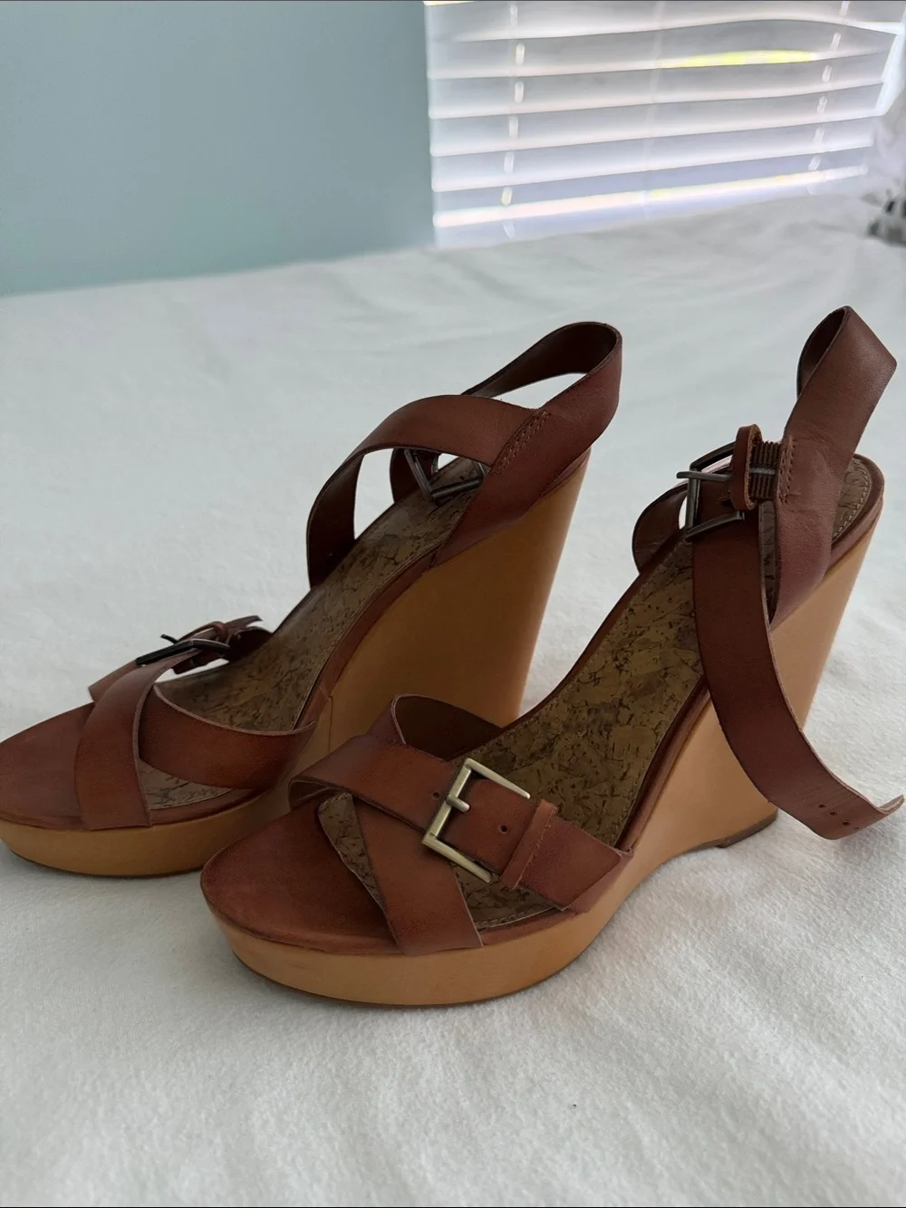 Women’s Brown Leather 5” Wedge Sandals with Buckle Straps